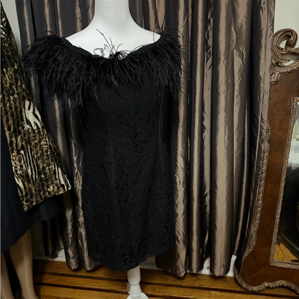 Topshop Black Feather-Trim Lace Midi Dress